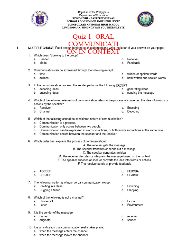 Oral Communication Quiz PDF