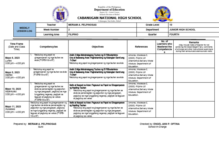 Fil10W2Lesson Log | PDF