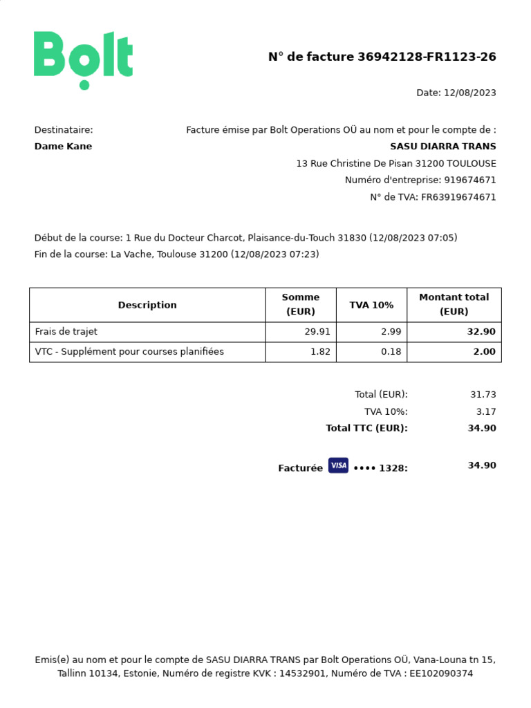 Ride Invoice From Bolt | PDF