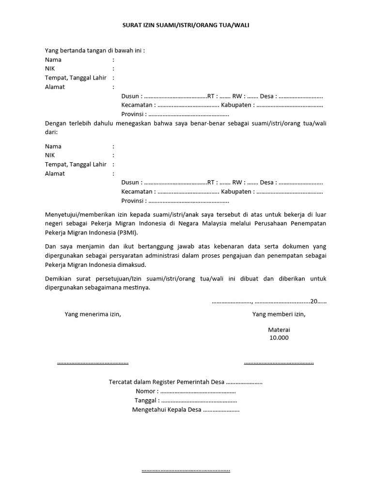 Surat Izin Suami untuk Kerja di Malaysia | PDF