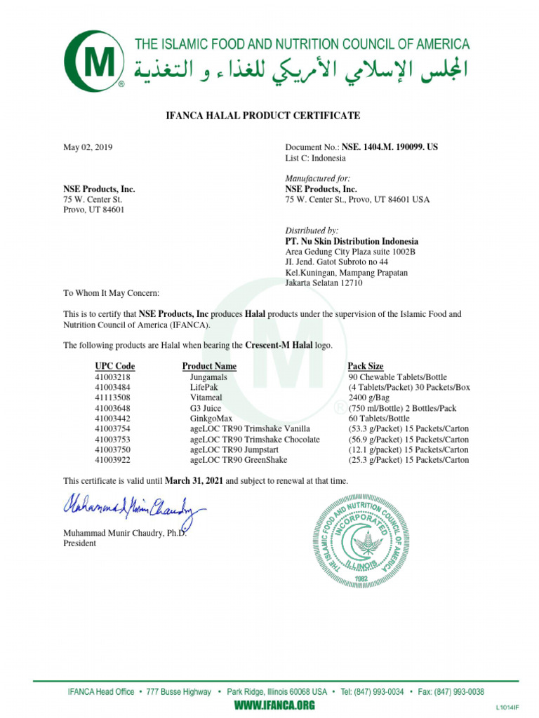 ID Pharmanex Halal Certificate | PDF