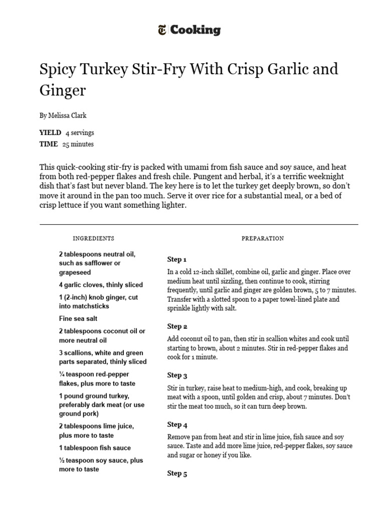 Spicy Turkey StirFry With Crisp Garlic and Ginger PDF Garlic Ginger