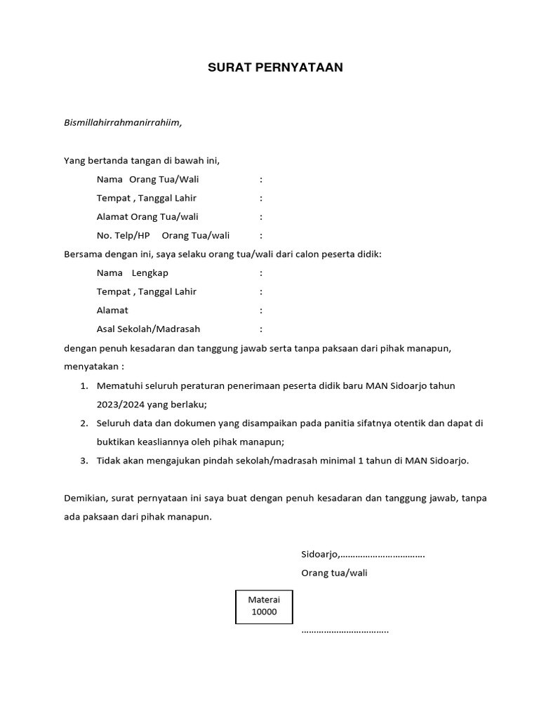 Surat Pernyataan Wali Murid | PDF