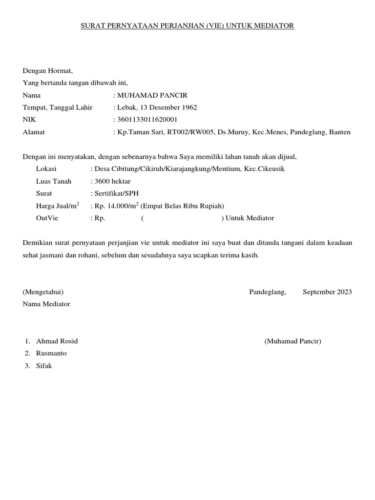 Surat Pernyataan Perjanjian (Vie) Untuk Mediator | PDF