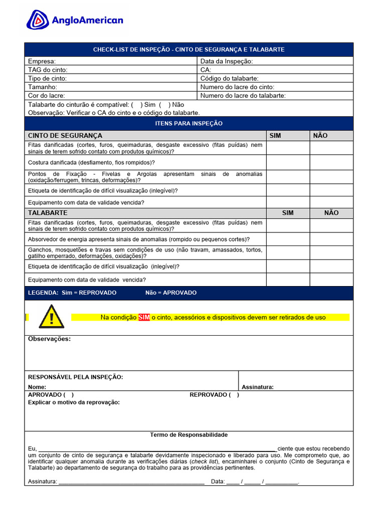 Check List Inspeção - Cinto de Segurança | PDF
