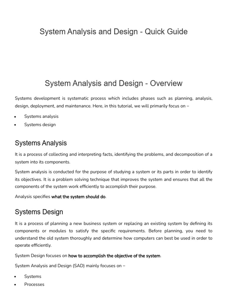 System Analysis and Design Quick Guide Tutorialspoint PDF Software Testing System