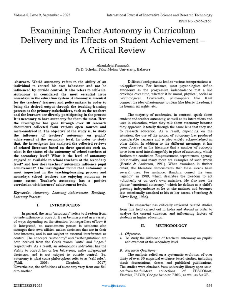 Examining Teacher Autonomy in Curriculum Delivery and Its Effects On ...