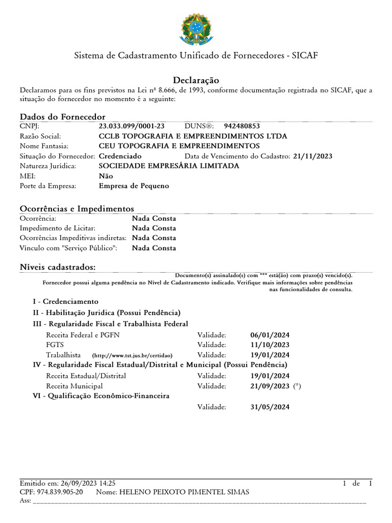 Sistema de Cadastramento Unificado de Fornecedores - SICAF: Declaração ...