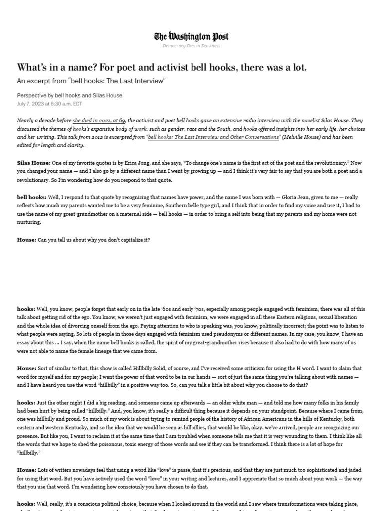 Bell Hooks's Last Interview An Excerpt The Washington Post PDF