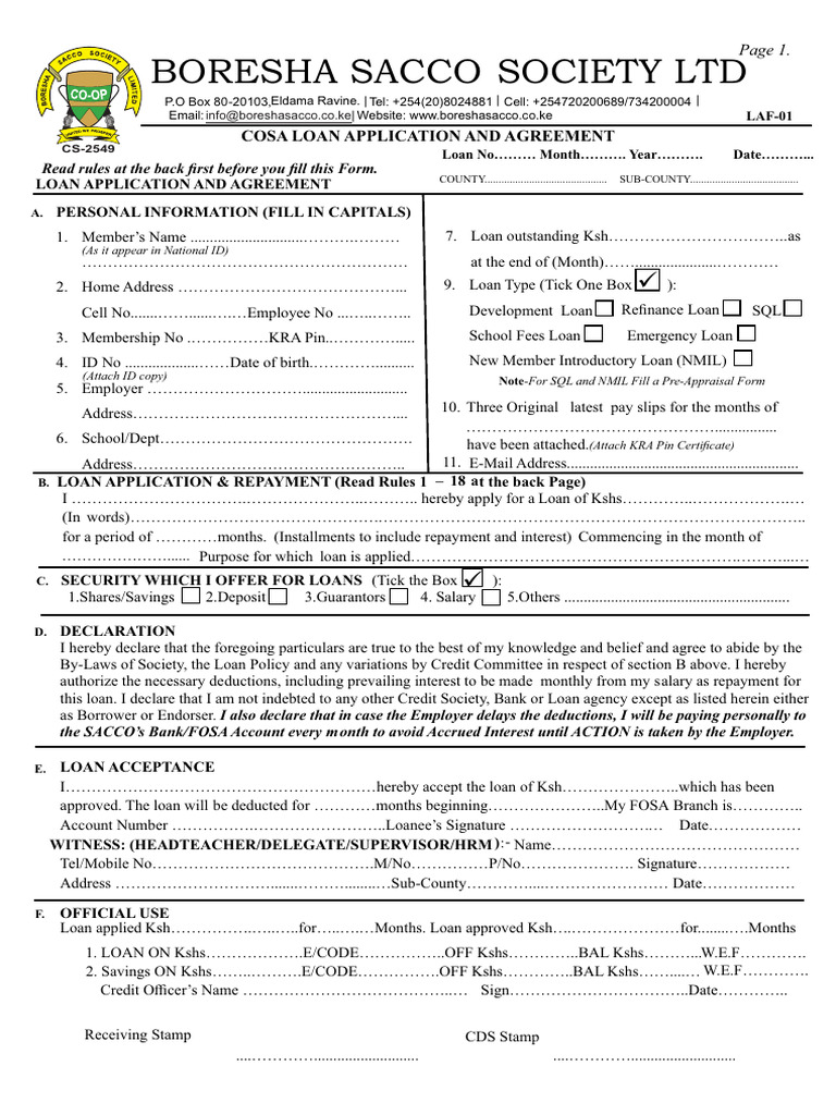 Boresha Sacco Loan Application Form | PDF | Loans | Guarantee