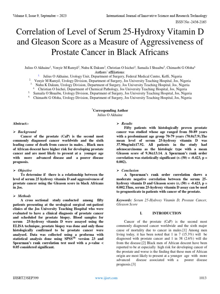 Correlation of Level of Serum 25Hydroxy Vitamin D and Gleason Score As