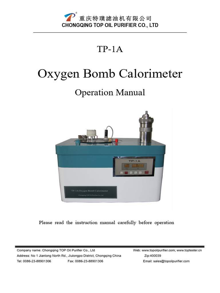 Operation Instruction of Oxygen Bomb Calorimeter TP1A PDF