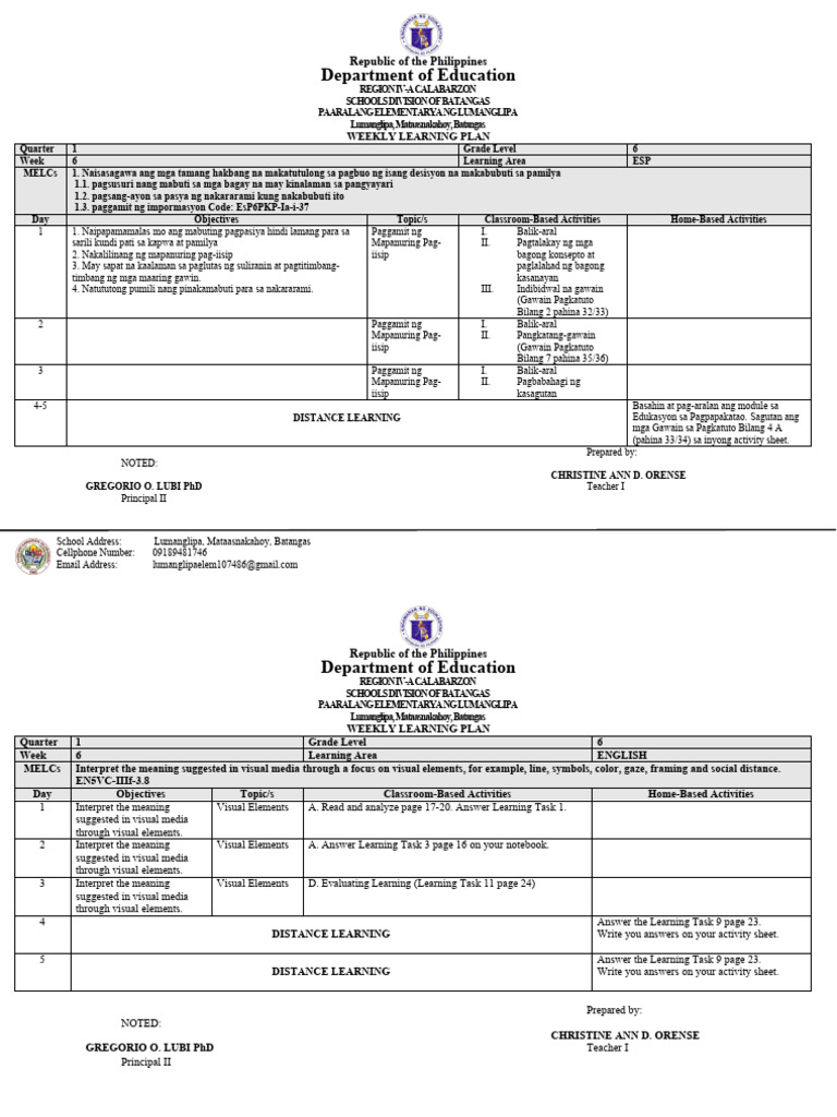Weekly Learning Plan Week 6 Pdf