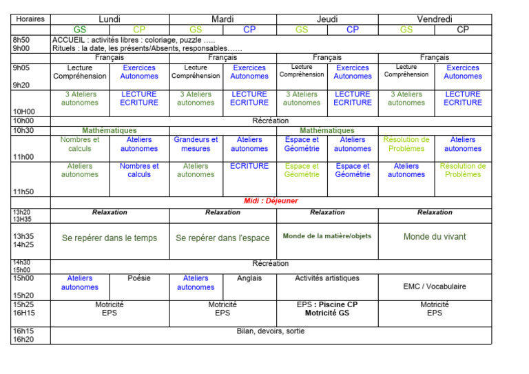 Emploi du temps GS/CP 2025-2026 | PDF | Mathématiques