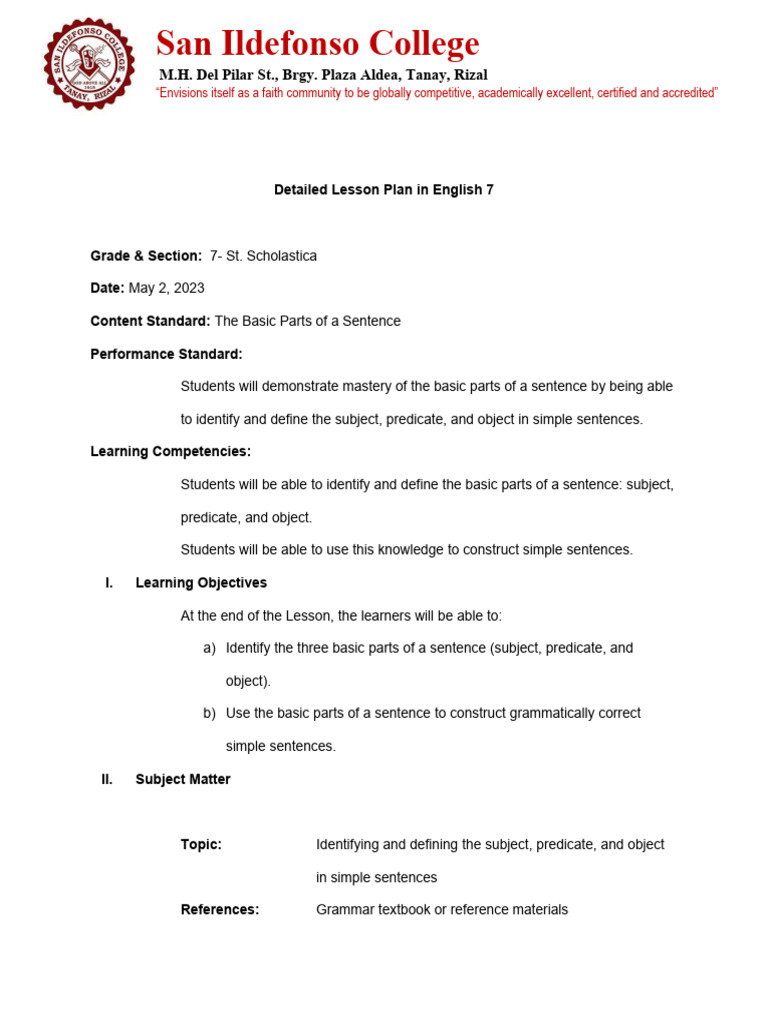 Basic Parts of a Sentence Lesson Plan | PDF | Subject (Grammar ...