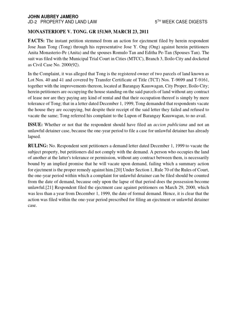 JAMERO 5th Week Property and Land Law Cases PDF Complaint