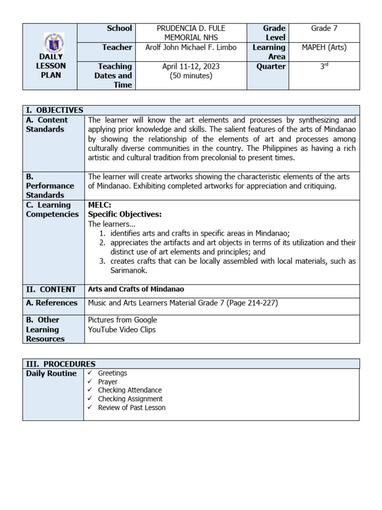 Grade 7 MAPEH Lesson Plan on Mindanao Arts | PDF | Learning | Cognition