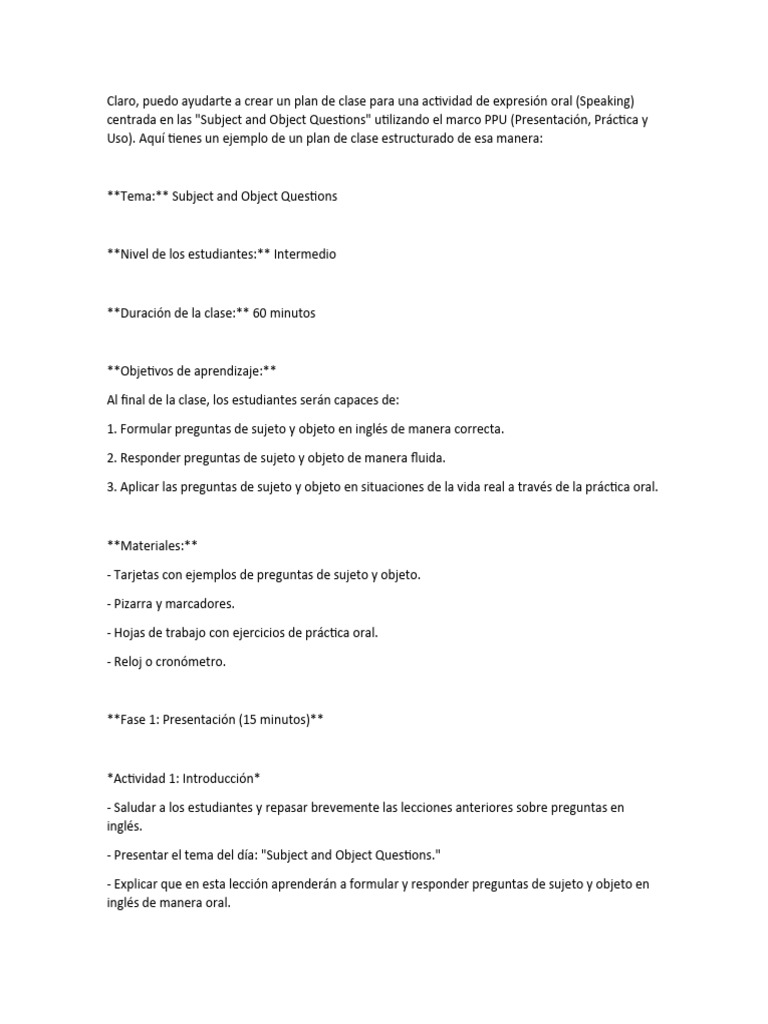 Speaking Subject And Object Questions Pdf