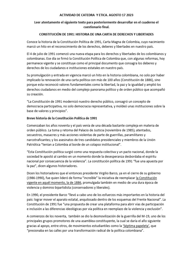 Historia de la Constitución de 1991 en Colombia | PDF | Constitución ...