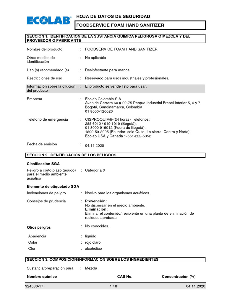 FOODSERVICE FOAM HAND SANITIZER Spanish PDF