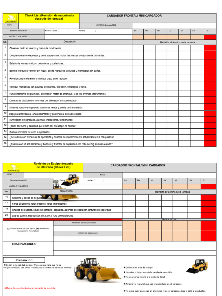 MAQUINARIA CheckList Cargador Frontal | PDF