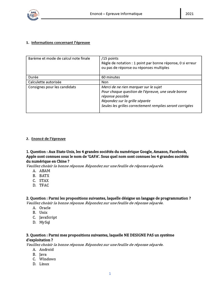 Épreuve Informatique 2021: Questions et Notation | PDF | Structure de ...