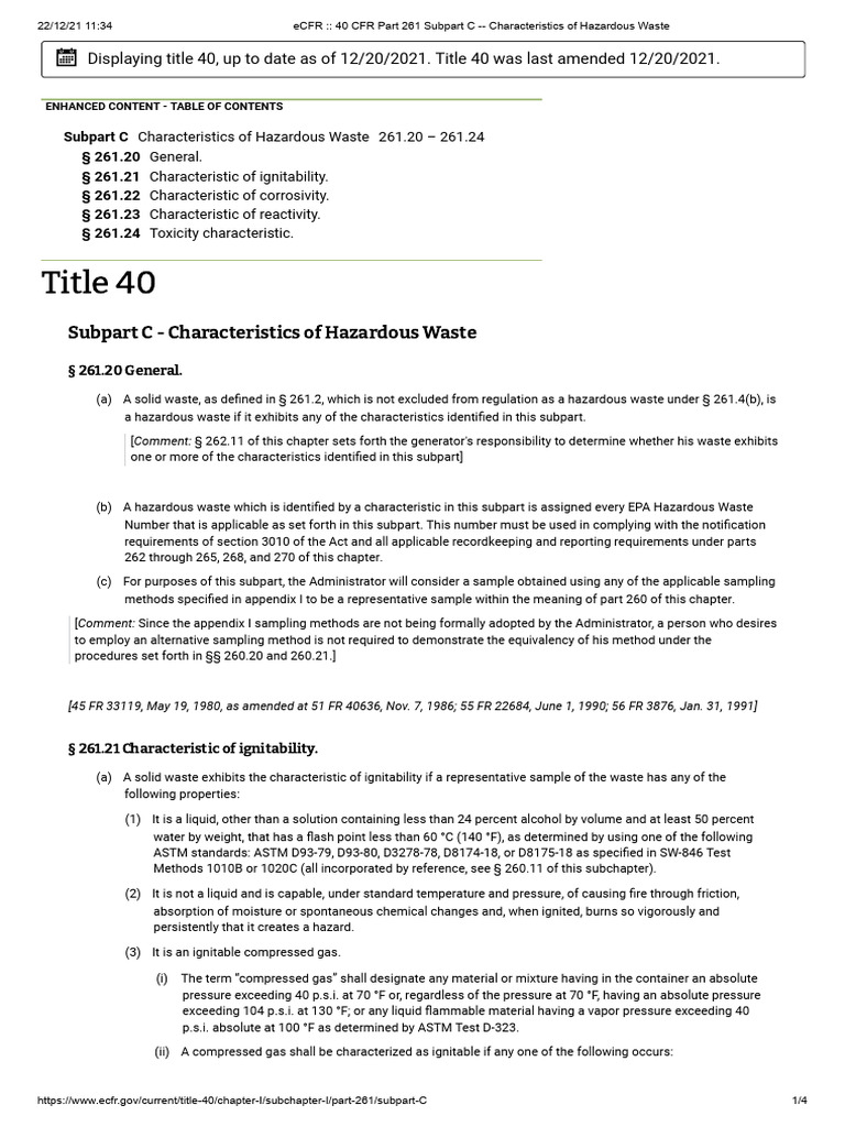 EPA 40 CFR Part 261 Subpart C Characteristics of Hazardous Waste Download Free PDF Waste