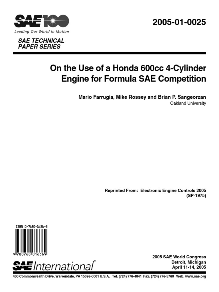 2005 01 0025 on the use of a honda 600cc 4 cylinder engine for fsae