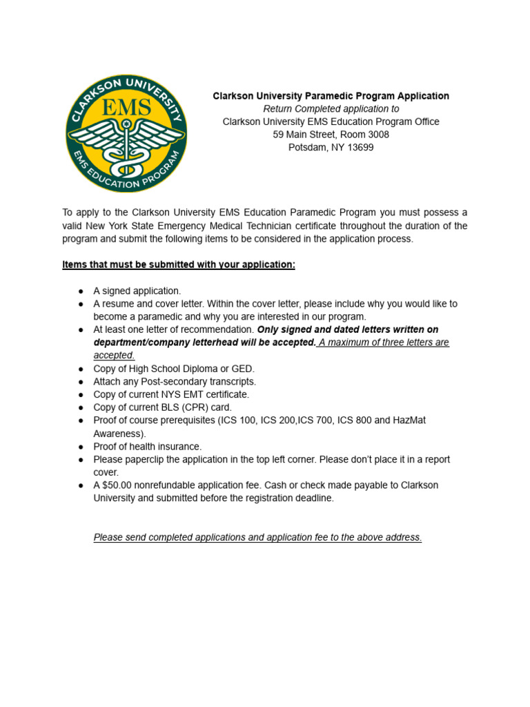 Clarkson University Paramedic Application PDF