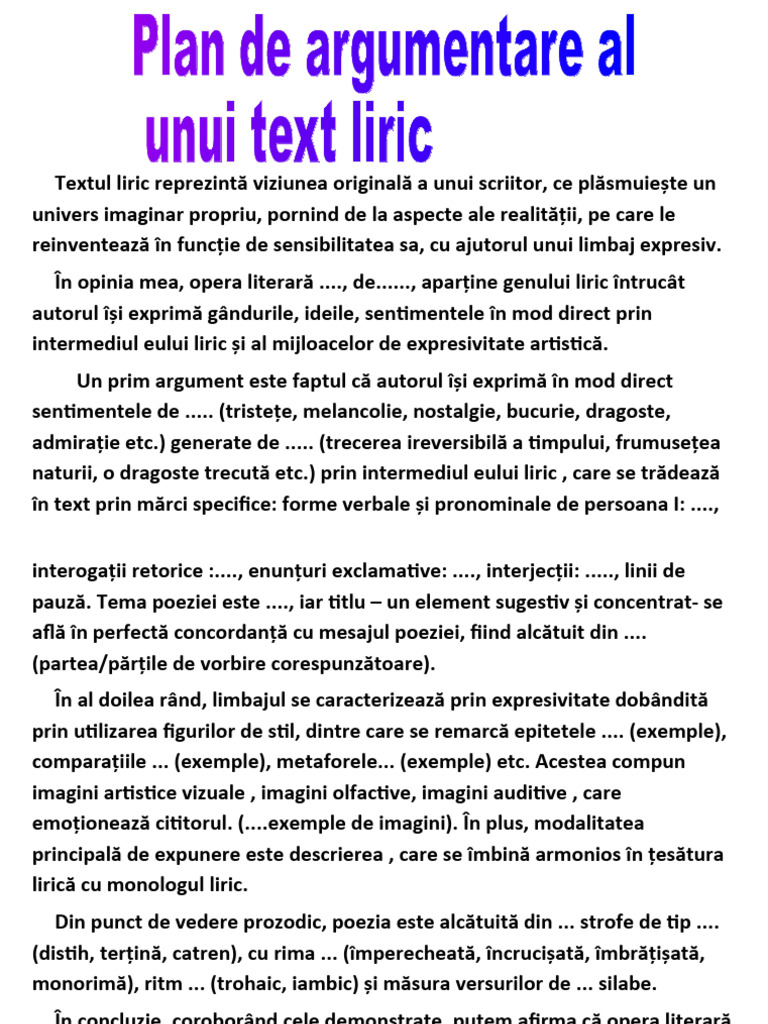 Argumentare Gen Liric Plan de Argumentare Al Unui Text Liric | PDF