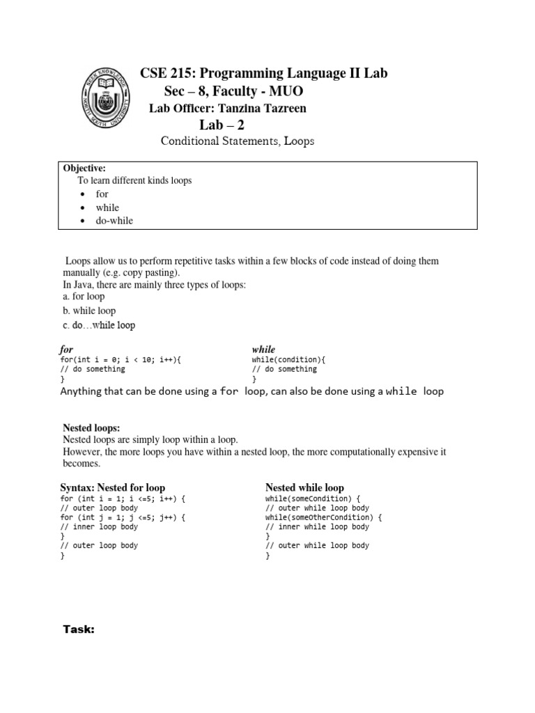 Java Loops and Conditional Statements Lab | PDF | Teaching Methods ...
