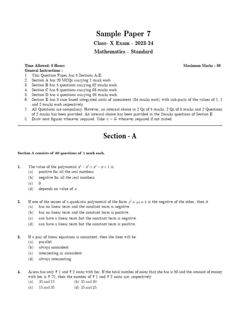 Class 10 Mathematics Sample Paper 7 | PDF | Teaching Methods & Materials