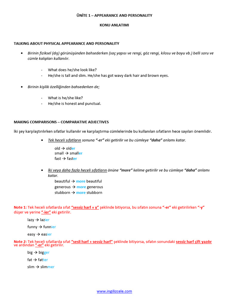 7 Sinif 1 Unite Appearance and Personality Konu Anlatimi | PDF