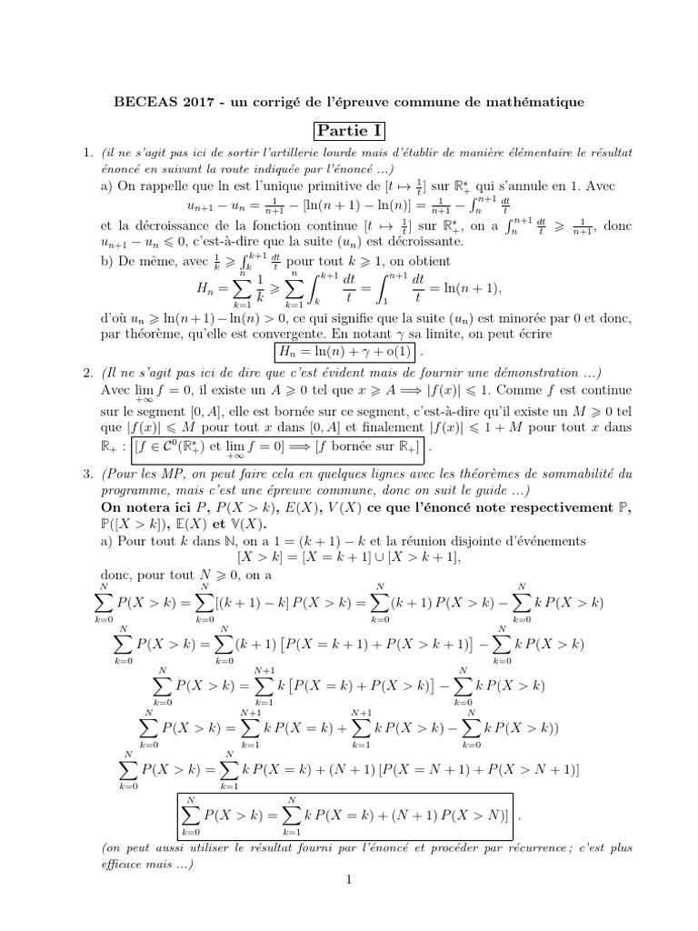 Corrigé BECEAS 2017 : Mathématiques | PDF