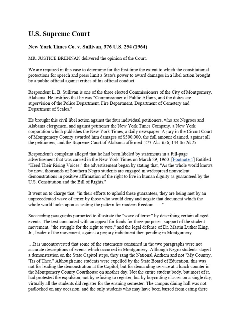 new york times company v sullivan summary