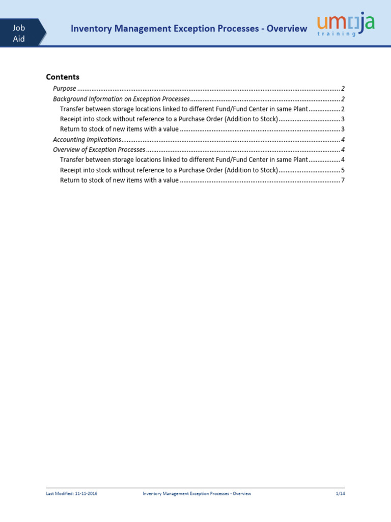 Umoja Job Aid Exception Processes in Inventory Management Overview