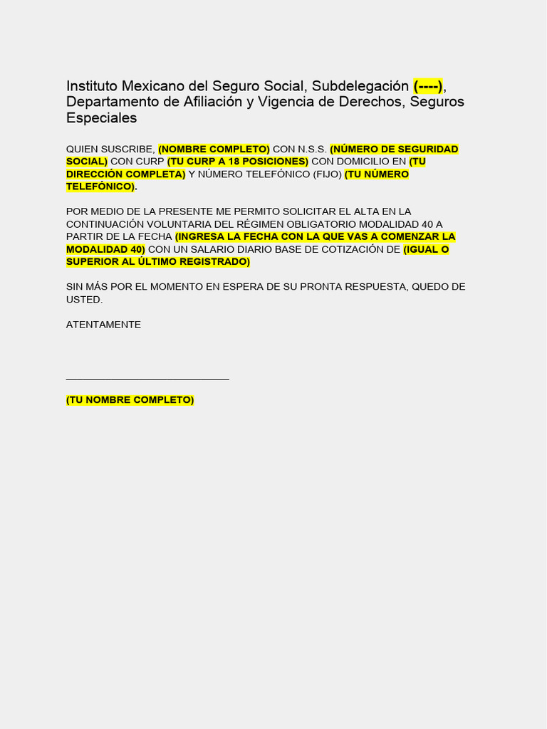 Machote Escrito Libre Modalidad 40 IMSS | PDF