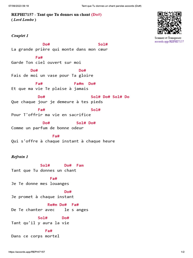 Tant Que Tu Donnes Un Chant Paroles Accords (Do) PDF