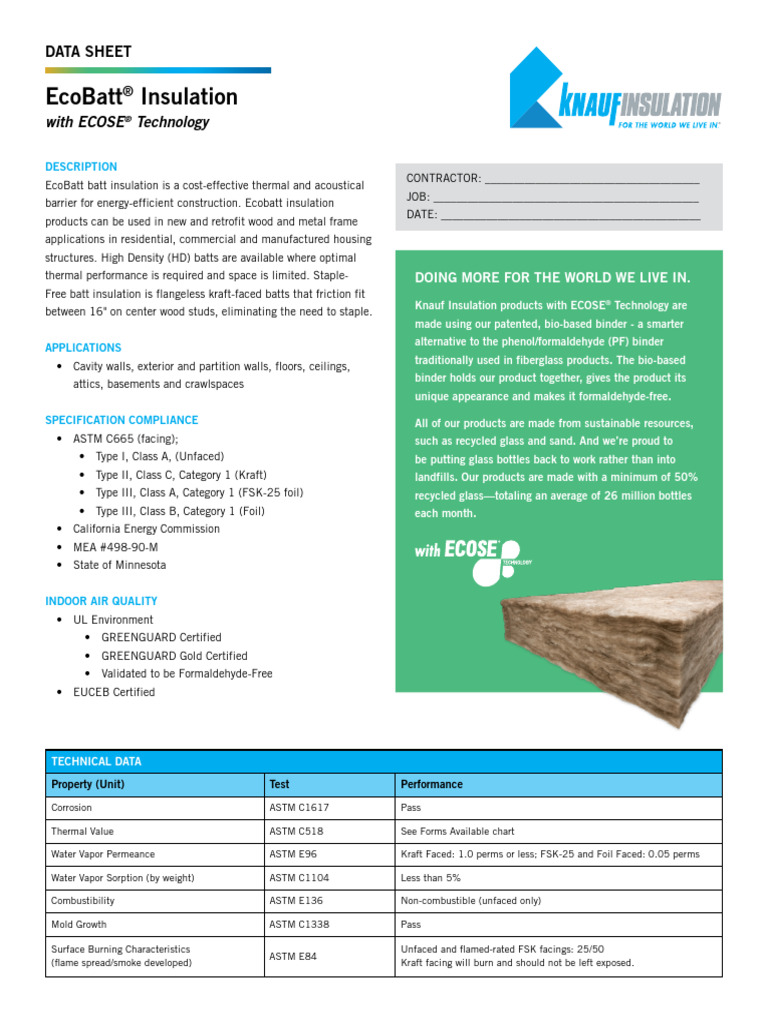 Knauf Ecobatt Data Sheet PDF Drywall Building Insulation