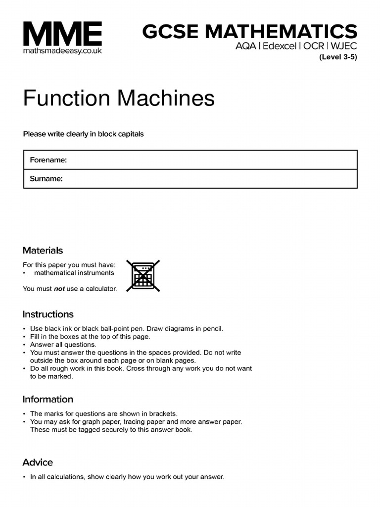 Function Machines Worksheet for Levels 3-6 | PDF