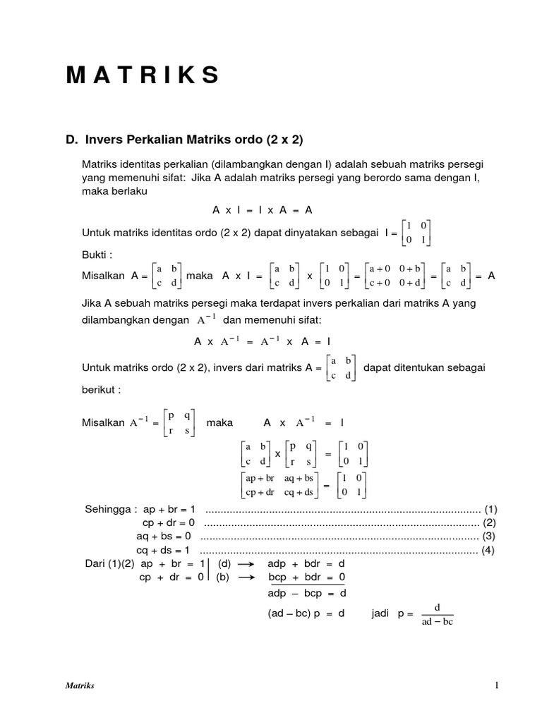 Invers dan Perkalian Matriks 2x2 | PDF