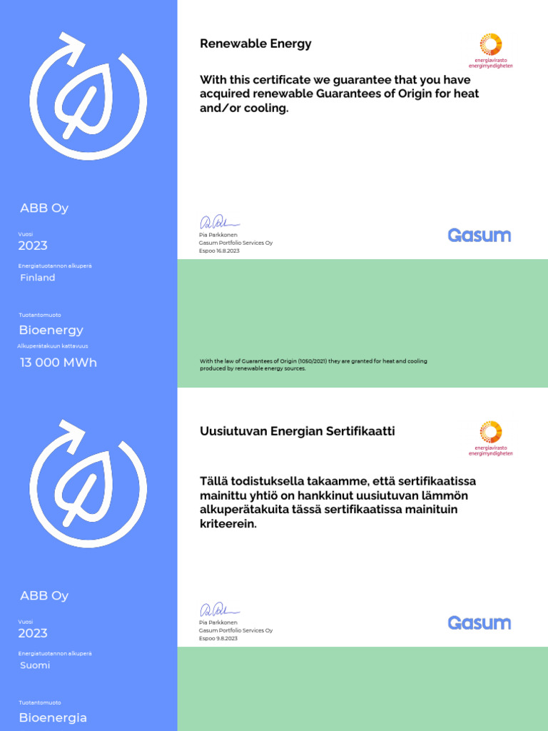 Gasum Renewable Energy Certificate Bioenergy ABB Oy 2023 | PDF