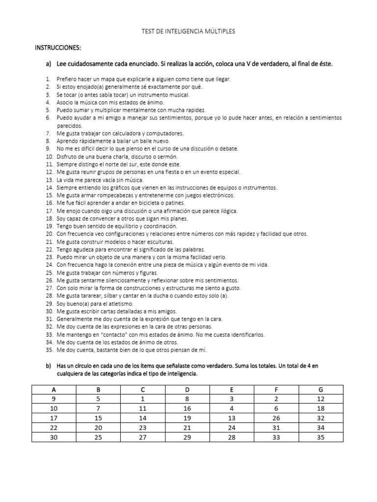 4 TEST INTELIGENCIAS MÚLTIPLES | PDF