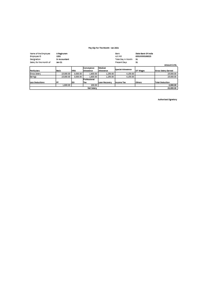 Salary Slip Format For 25000 | PDF