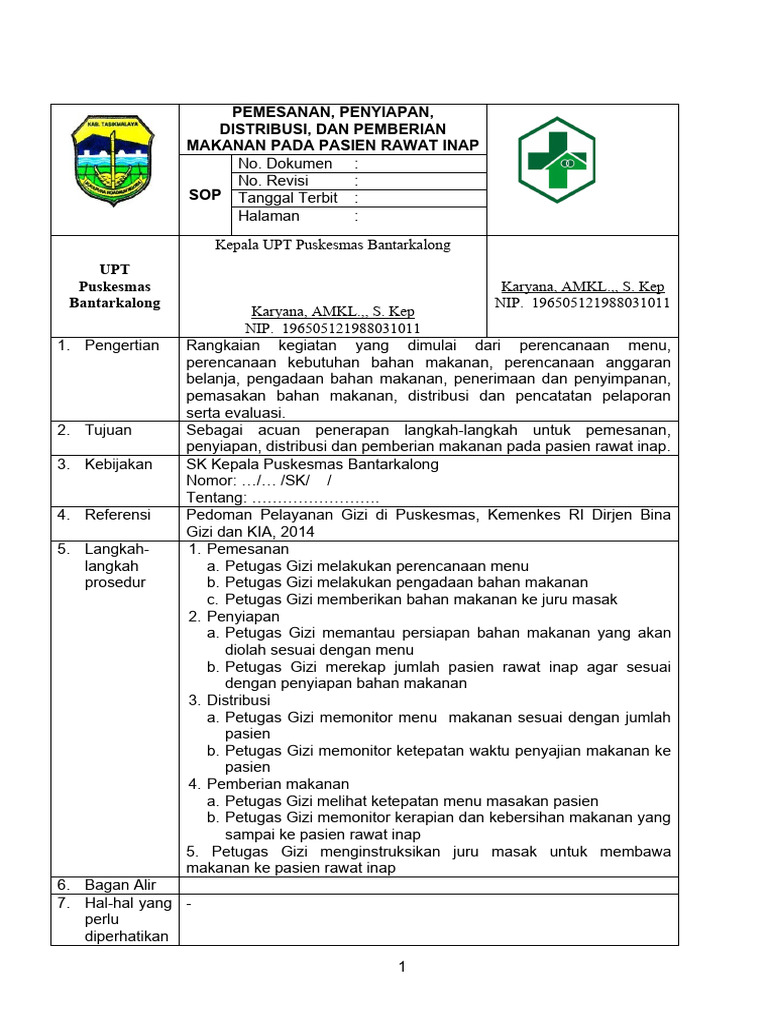 Sop Pemesanan, Penyiapan, Distribusi, Dan Pemberian Makanan Pada Pasien ...
