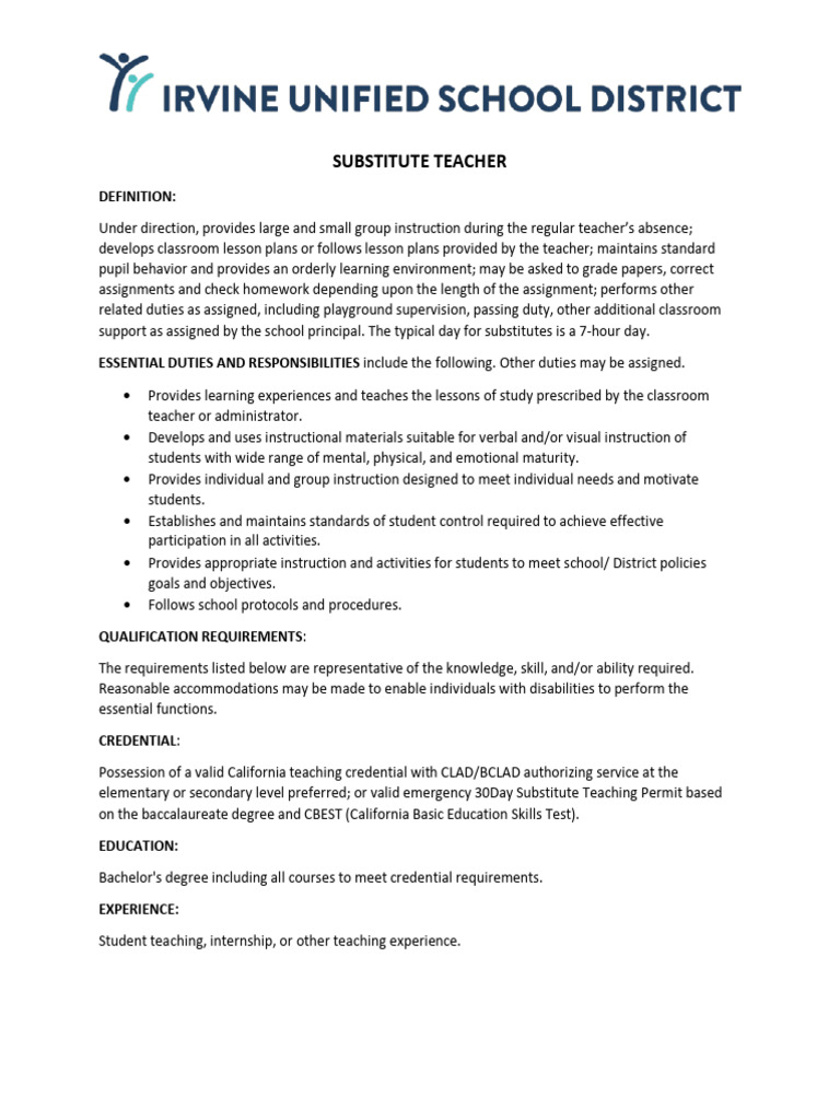 Irvine Substitute Teacher Job Description PDF