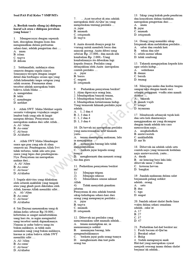 50 Soal PAS PAI Kelas 7 SMP Semester 2 2026 Beserta Jawaban