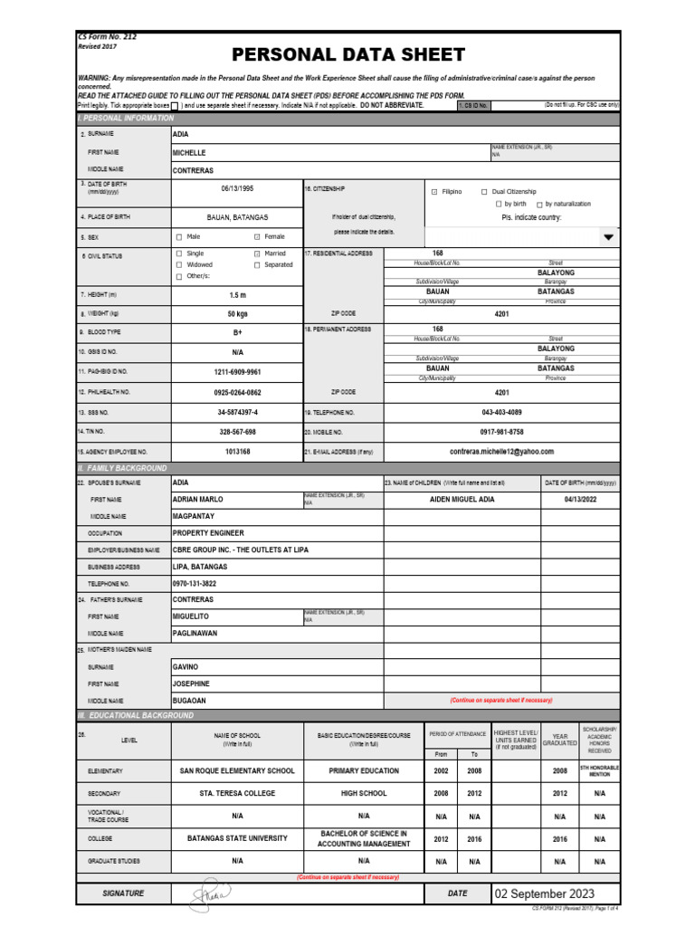 CS Form No. 212 Personal Data Sheet Revised PDF Passport Employment