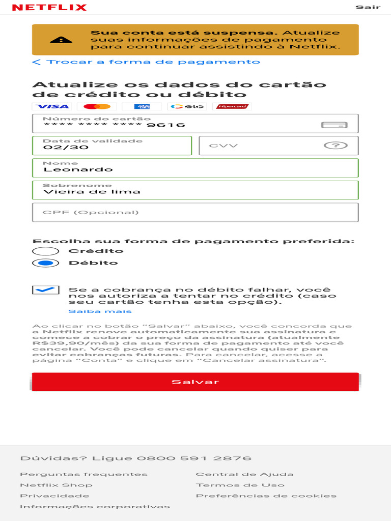 como mudar o cartão de pagamento da netflix