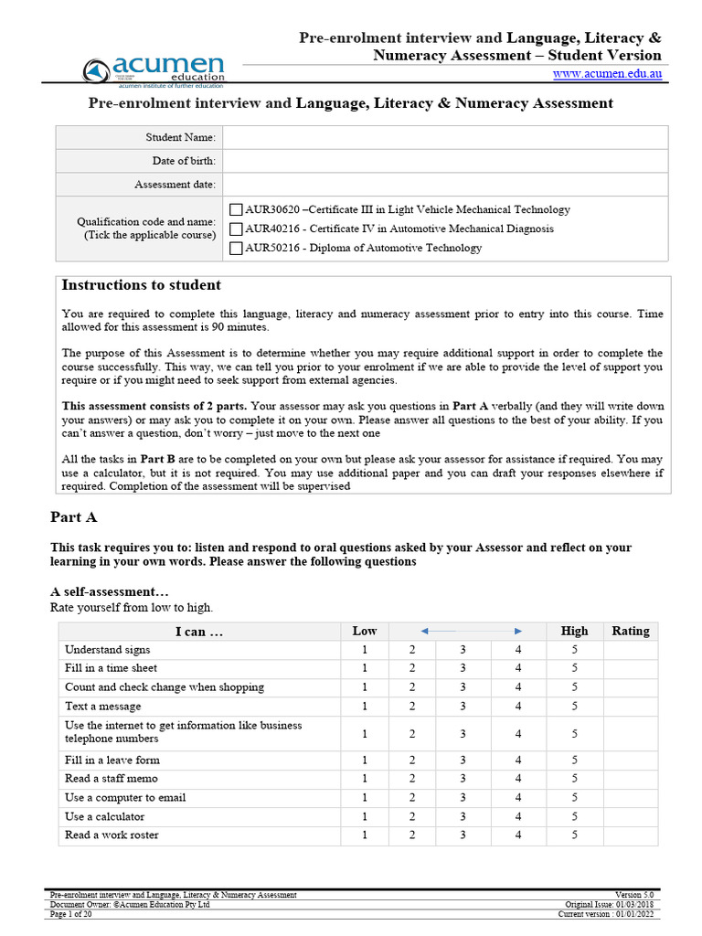 LLN Assessment for Automotive Courses | PDF